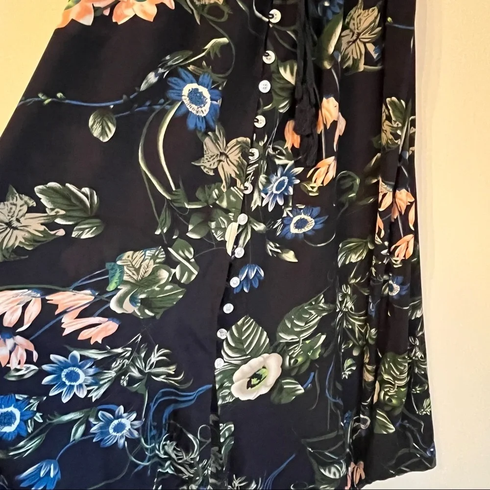 NWOT Floral Dress Navy Button Front Tassel Tie Smocked Waist Sm Cottagecore Boho